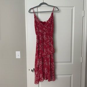 Red Floral Ruffle Tiered Midi Dress